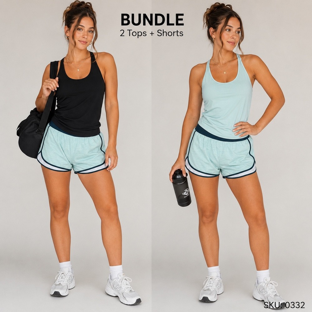 Domyos Activewear Bundle 2 Racerback Tanks and Shorts Set Mint Green Black 0332